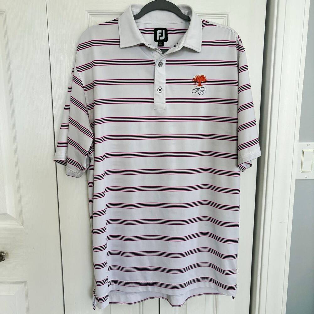 FootJoy Kiawah Golf Polo Mens L White Raspberry Black Stripe Performance Golf